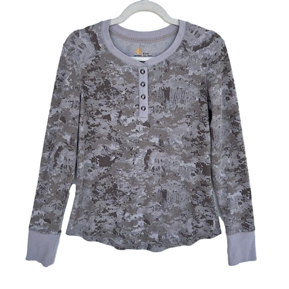 Carhartt Camo Patterned Snap Thermal Henley Long Sleeve Shirt Gray Beige Size S